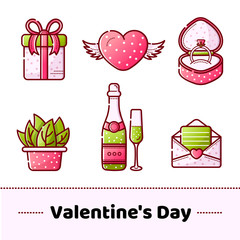 Vector set of icons for Valentine's Day. Gift box, heart with wings, box with wedding ring, champagne with glasses, letter in an envelope, a plant in a pot. Isolated objects on a white background