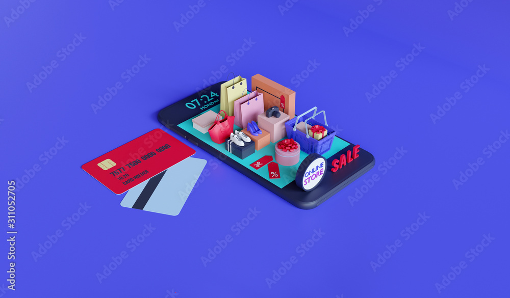 Wall mural shopping on-line. online store on website or mobile application. 3d rendering background. digital ma