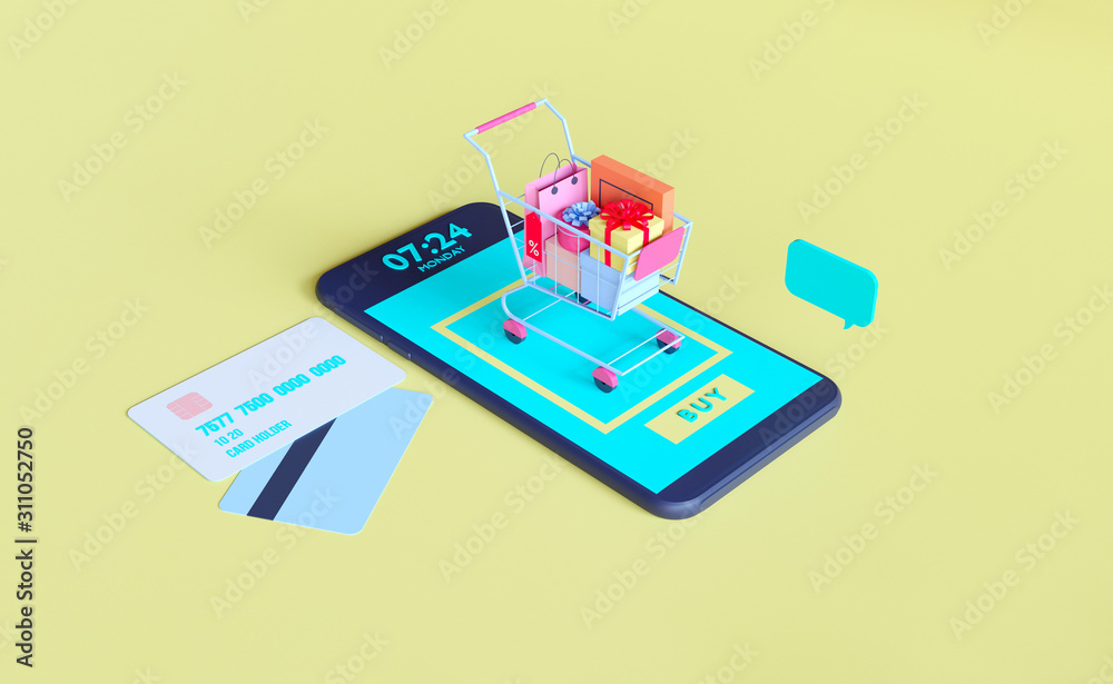 Poster shopping on-line. online store on website or mobile application. 3d rendering background. digital ma