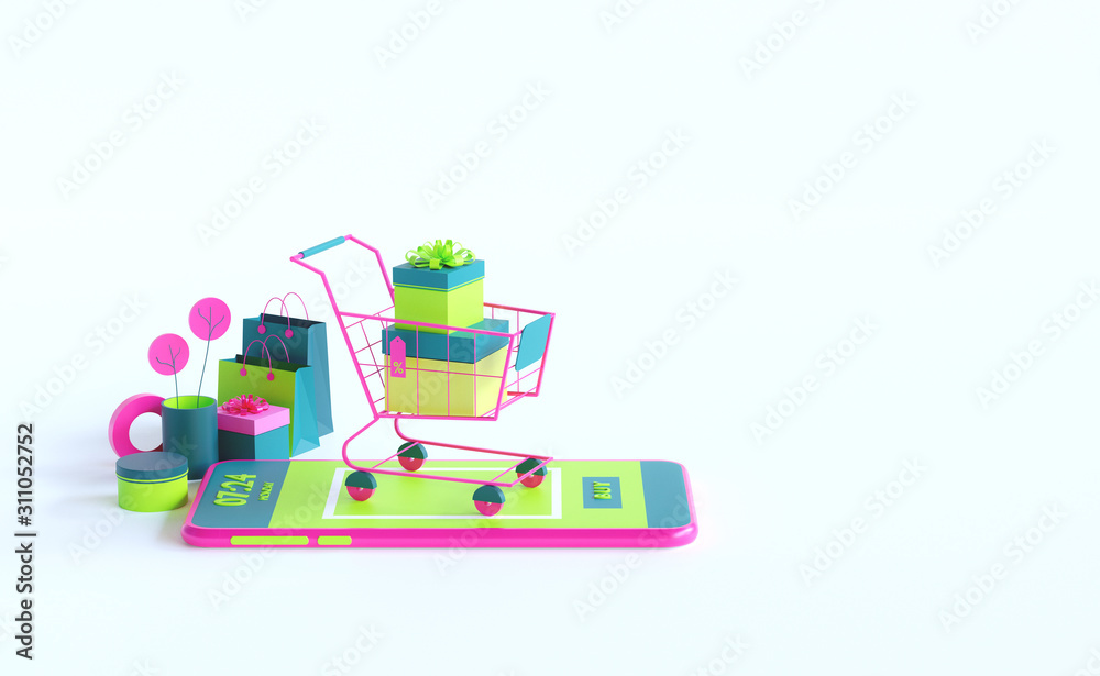 Wall mural shopping on-line. online store on website or mobile application. 3d rendering background. digital ma