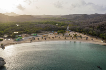 Aerial view of coast of Curaçao in the Caribbean Sea with turquoise water, cliff, beach and...