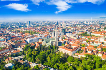 Croatia, capital city of Zagreb, aerial view of city centre and cathedral towers from drone