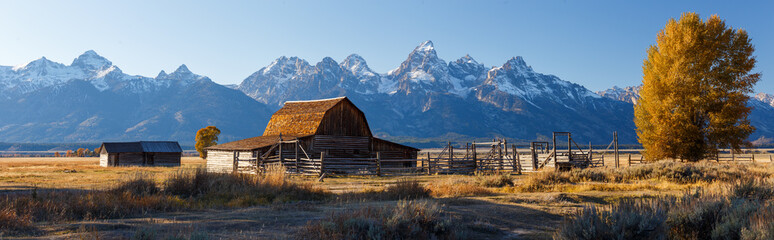 John Moulton Barn within Mormon Row Historic District in Grand Teton National Park, Wyoming - The most photographed barn in America - obrazy, fototapety, plakaty