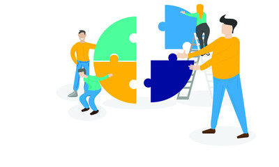 teamwork and partnership concept, Co-working and brainstorming to be success business,Flat jigsaw pieces matching,cartoon,vector,can use for banner,icons,and template,vector art illustration. 