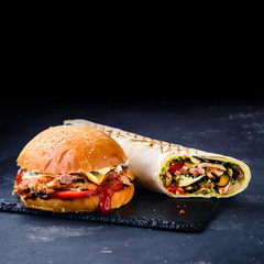 set of fast food meal with burger on the table