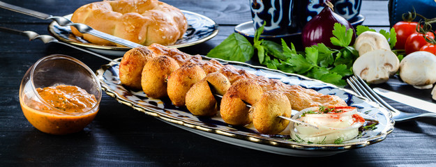 Lamb Beef Mushrooms Vegetables Kebabs On Rustic Table