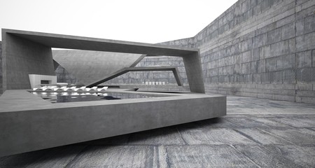 Abstract architectural concrete interior of a minimalist house with swimming pool. 3D illustration and rendering.
