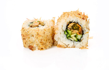 traditional fresh japanese sushi rolls on a white background