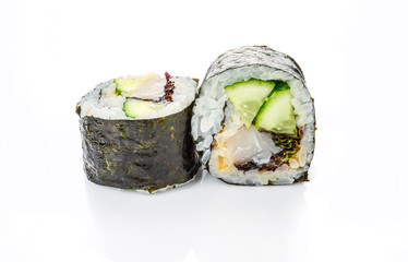 traditional fresh japanese sushi rolls on a white background