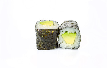 traditional fresh japanese sushi rolls on a white background