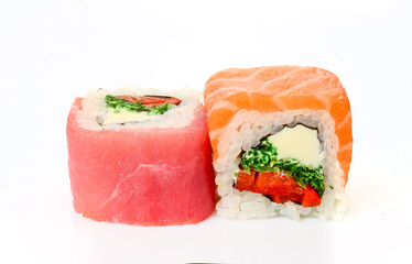 traditional fresh japanese sushi rolls on a white background