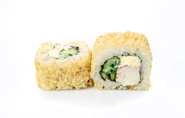 traditional fresh japanese sushi rolls on a white background