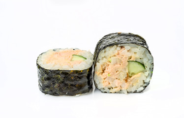 traditional fresh japanese sushi rolls on a white background