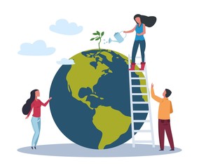 Ecology world concept. Save Green Planet Environment. People take care about planet ecology. Vector flat eco illustrations with woman on globe conservation plant