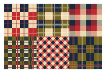 Tartan plaid. Ornamental Scottish cage seamless texture, flannel cloth backdrop set. Vector abstract geometric textile product collection for clothing, tablecloth, blanket