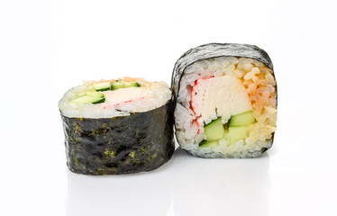 traditional fresh japanese sushi rolls on a white background
