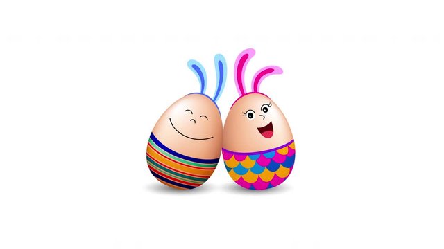 Funny egg characters with bunny ear. Easter holiday concept.  Animation on white background.