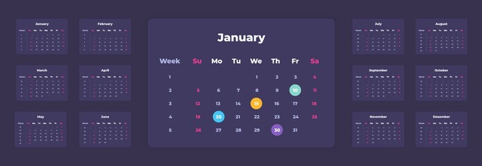 Calendar mockup. 2020 corporate business planner, weeks and months count template, dark calendar design. Vector timetable plan happy date event
