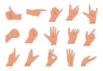 Hand gestures. Flat collections of arms showing different gestures, counting pointing and greeting. Vector cartoon isolated palms set, poser hands isolated on white background