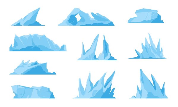 Glaciers. Icebergs, ice mountains and compressed snow, freezing ocean landscape and melting sea rock. Vector illustrations iceberg set, like freeze water or crystal ice in ocean