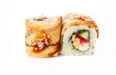 traditional fresh japanese sushi rolls on a white background