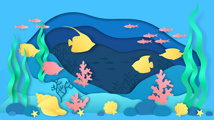 Paper cut underwater. Aquarium with fish and seaweeds, ocean bottom landscape with coral reef and algae. Vector underwater sea marine landscape with cartoon fish