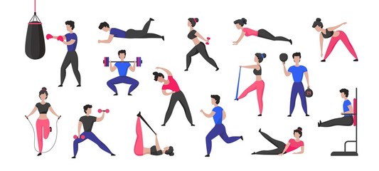 Fototapeta na wymiar Sport training. Cartoon male and female characters doing sport exercises and healthy activities. Vector fitness and workout set isolated athlete in gym perform fitness exercising