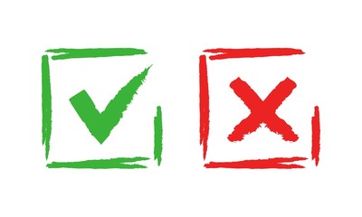Tick and cross check marks. Good and bad choice grunge brush sign. Vector checklist crossed out or check symbols, right or wrong, good or bad marking signs