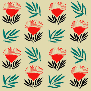 Red Australian Flowers, Seamless Vector Pattern