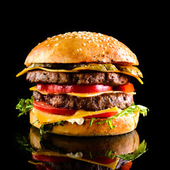 Homemade double cheese burger Black background - 311058365