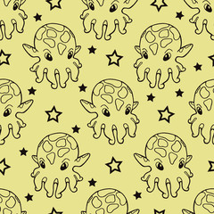 Seamless pattern. Dumbo octopuses and stars. Minimalistic line on a beige background. Print for baby products. Use for postcards, book illustrations, wrapping paper, textiles, web. Octopuses hand draw