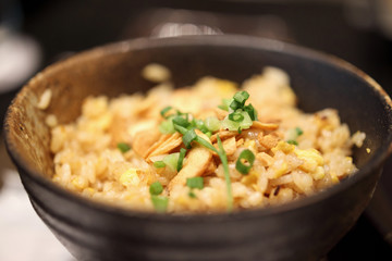 garlic fried rice in bowl close up