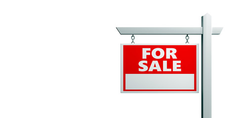 For sale wooden placard. Real estate text sign red color isolated on white. 3d illustration