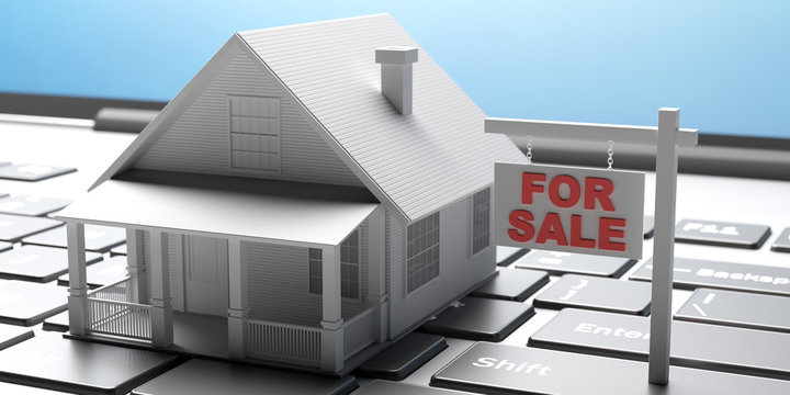 For sale sign and house model on a laptop keyboard. Real estate online concept. 3d illustration