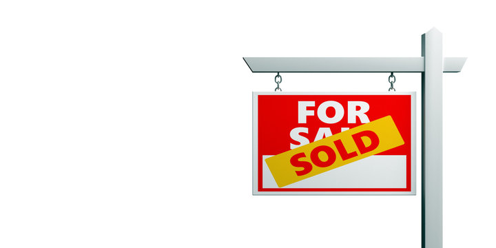 Sold for sale sign isolated against white background, Real estate concept, copy space. 3d illustration