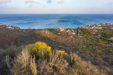 Aerial view over coast of Curaçao / Caribbean Sea around Westpunt
