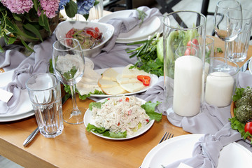 Festively set table for a wedding.