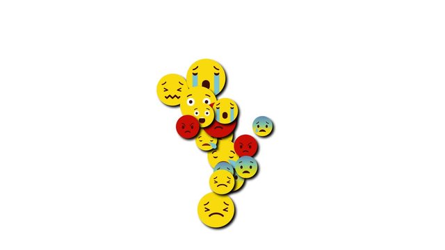 Ukraine, Dnipro - Aug 9 2019: Animation of a falling social network unhappy, crying, angry, large emoji from top to bottom. White background alpha channel.