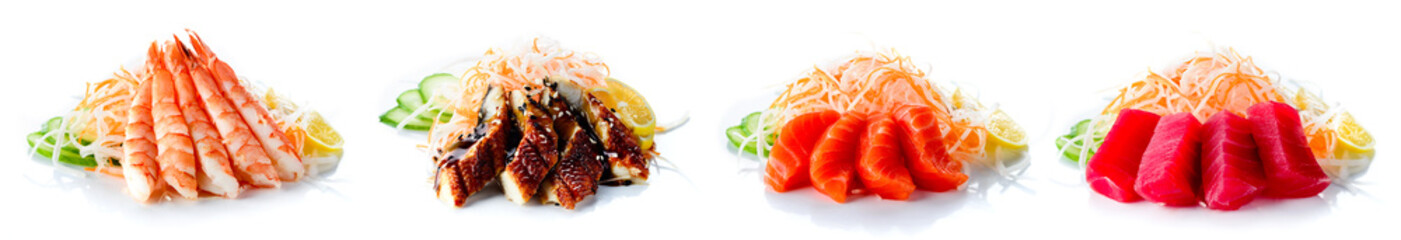 sets of sushi with the different types of seafood on a white background