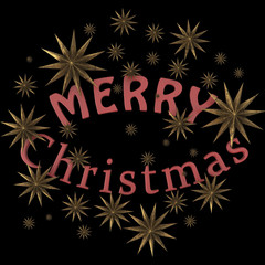 Party December New Year winter holiday. Red calligraphy lettering with gold stars decoration on black background. 3d rendering.