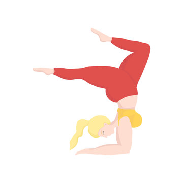 Vector illustration with happy european of oversized woman in yoga position handstand. Sport and body health positive concept. Love body. Attractive woman of large sizes an active healthy lifestyle