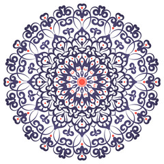 Round mandala purple with red inclusions. Oriental ornament. Vector pattern for drawing henna, tattoo. An element of design for a holiday card, invitation, business cards.