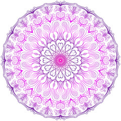 Purple-pink gradient mandala. Oriental ornament.  Vector pattern for drawing henna, tattoo. An element of design for a holiday card, invitation, business cards. Antistress.