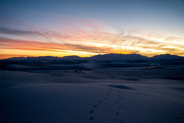 Views from the beutiful dunes of White Sands New Mexico as the sun sets over the desert. 