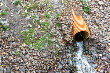 A stream of rainwater pours from an orange, plastic, sewer pipe.
