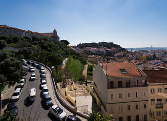 View of the Alfama with a bird's-eye view. Walking in Lisbon. Old city. Portugal.
