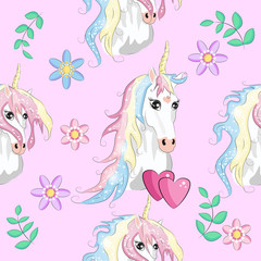 Obraz na płótnie Canvas Seamless pattern with trendy cartoon patches. Unicorns, rainbows and hearts.