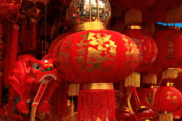 Beautiful chinese lanterns decorating the streets of Chinatown, Bangkok Thailand in preparation for...