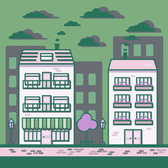 This vector illustration depicts a cozy city street with cute light pink houses