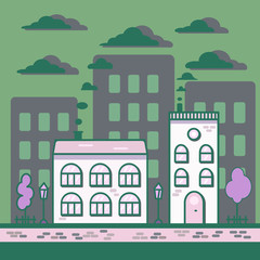 This vector illustration depicts a cozy city street with cute light pink houses
